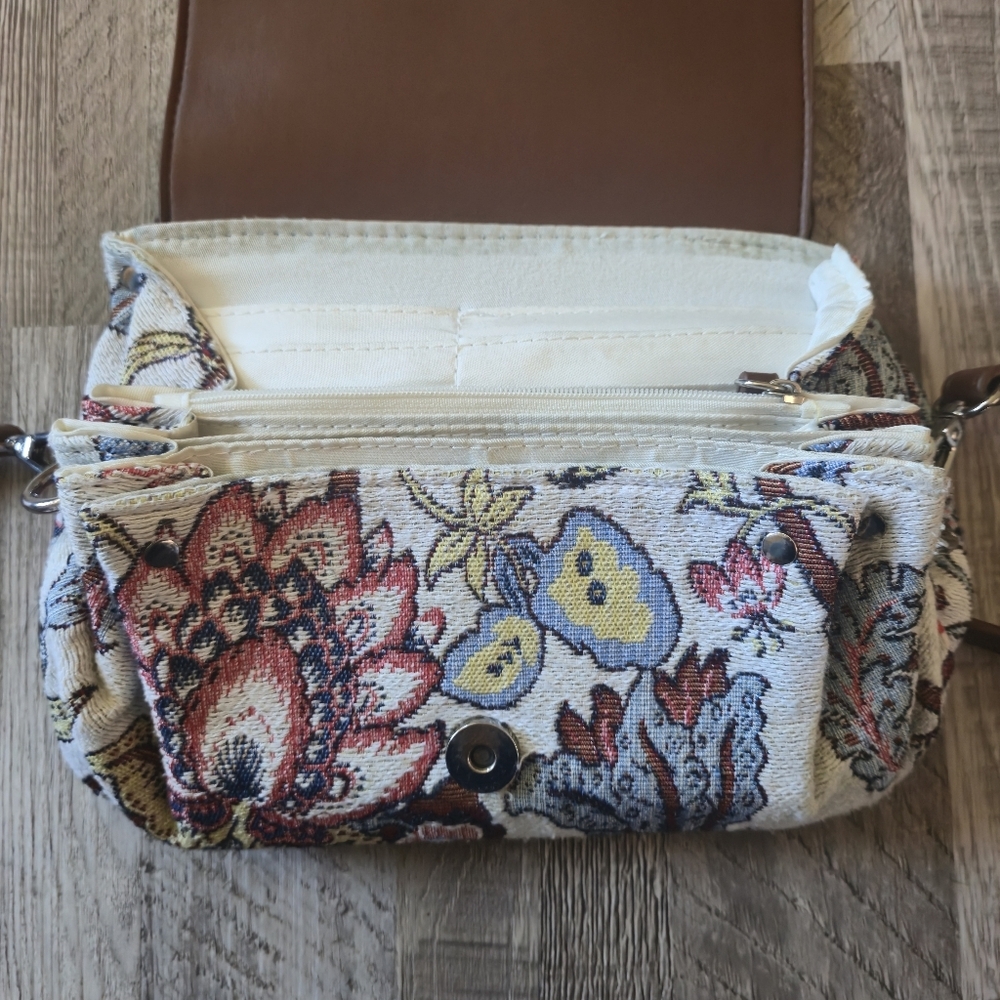 COLAB Floral Tapestry Brown Vegan Leather Crossbody Bag Envelope Clutch Purse - Picture 3 of 14